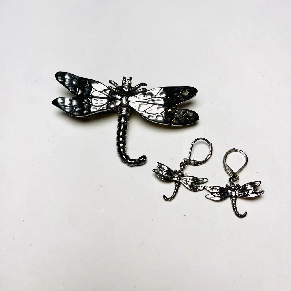 Large Dragonfly Brooch / Pendant & Earrings Set Silver Tone Unsigned Rhinestones